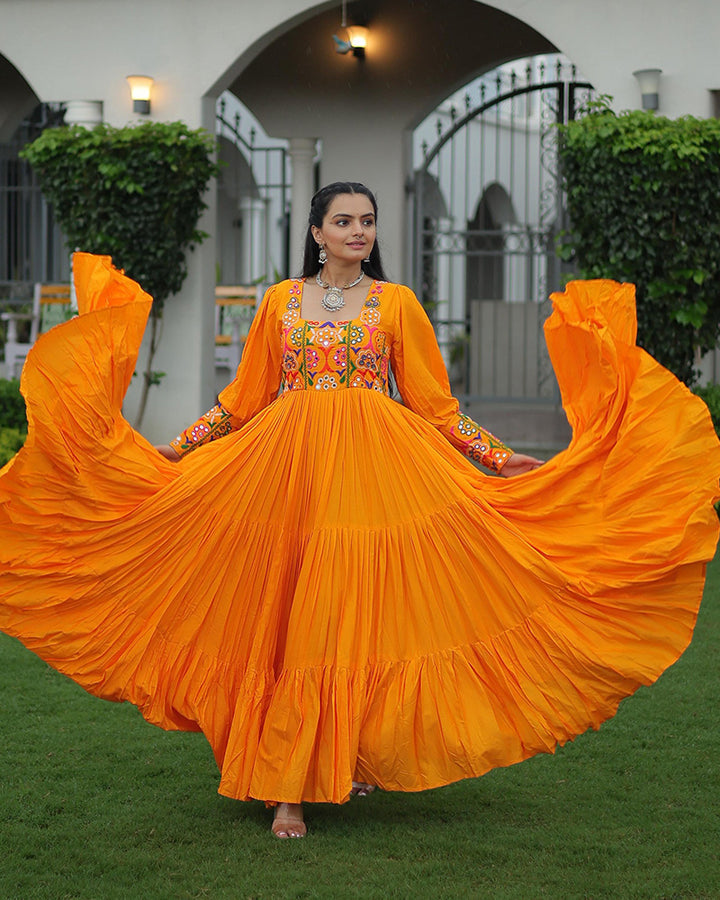 YELLOW COLOR RAYON NAVRATRI GOWN