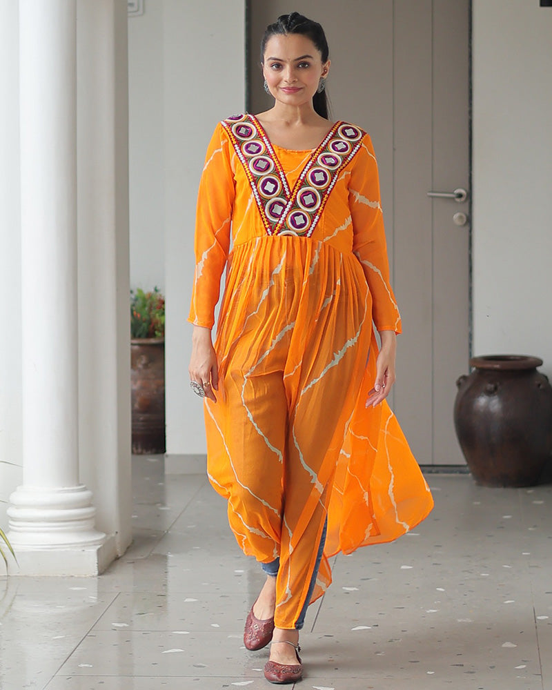 YELLOW COLOR FAUX GEORGETTE KUTCHI WORK NAVRATRI KURTI