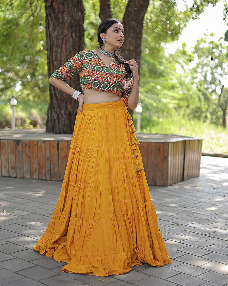 YELLOW COLOR RAYON FULL FLAIR NAVRATRI LEHENGA CHOLI