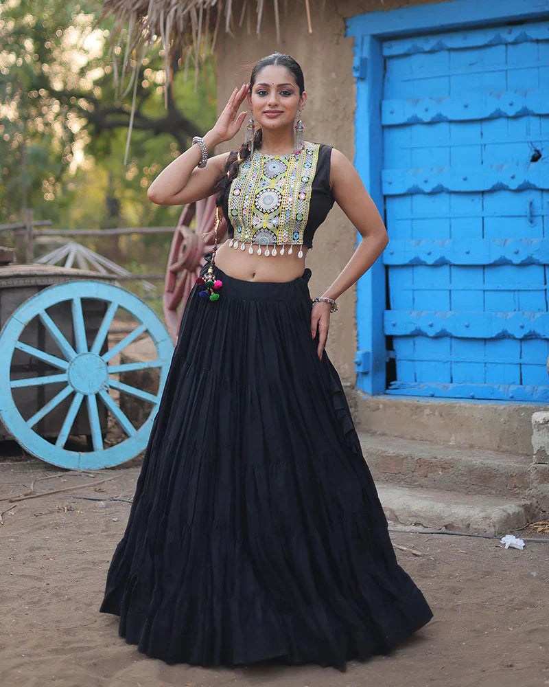 BLACK COLOR RAYON EMBROIDERED NAVRATRI LEHENGA CHOLI