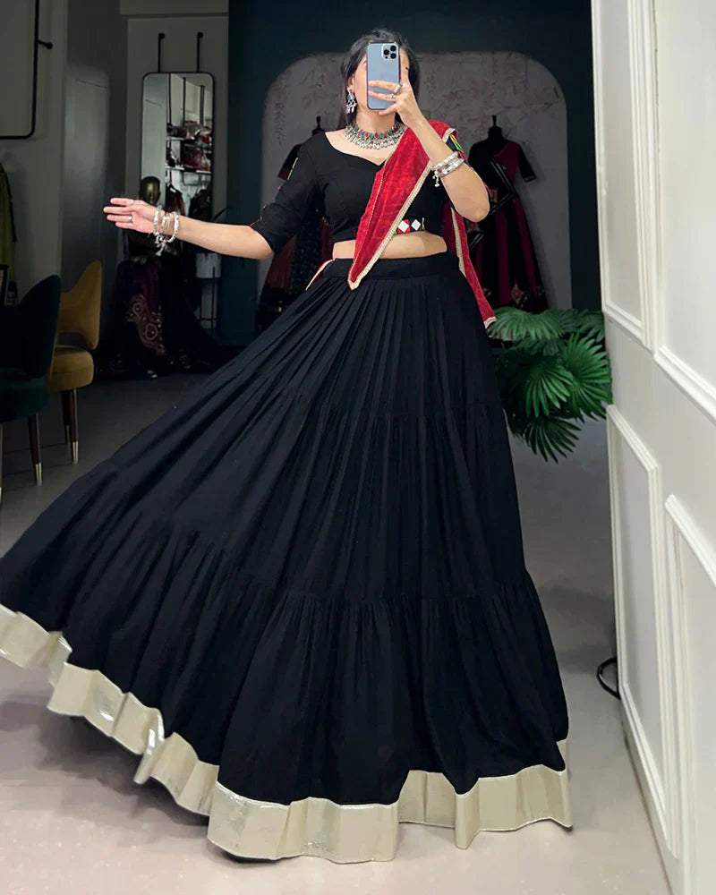 BLACK COLOR RAYON RUFFLE STYLE NAVRATRI LEHENGA CHOLI