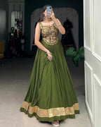 OLIVE GREEN COLOR PURE RAYON NAVRATRI LEHENGA CHOLI