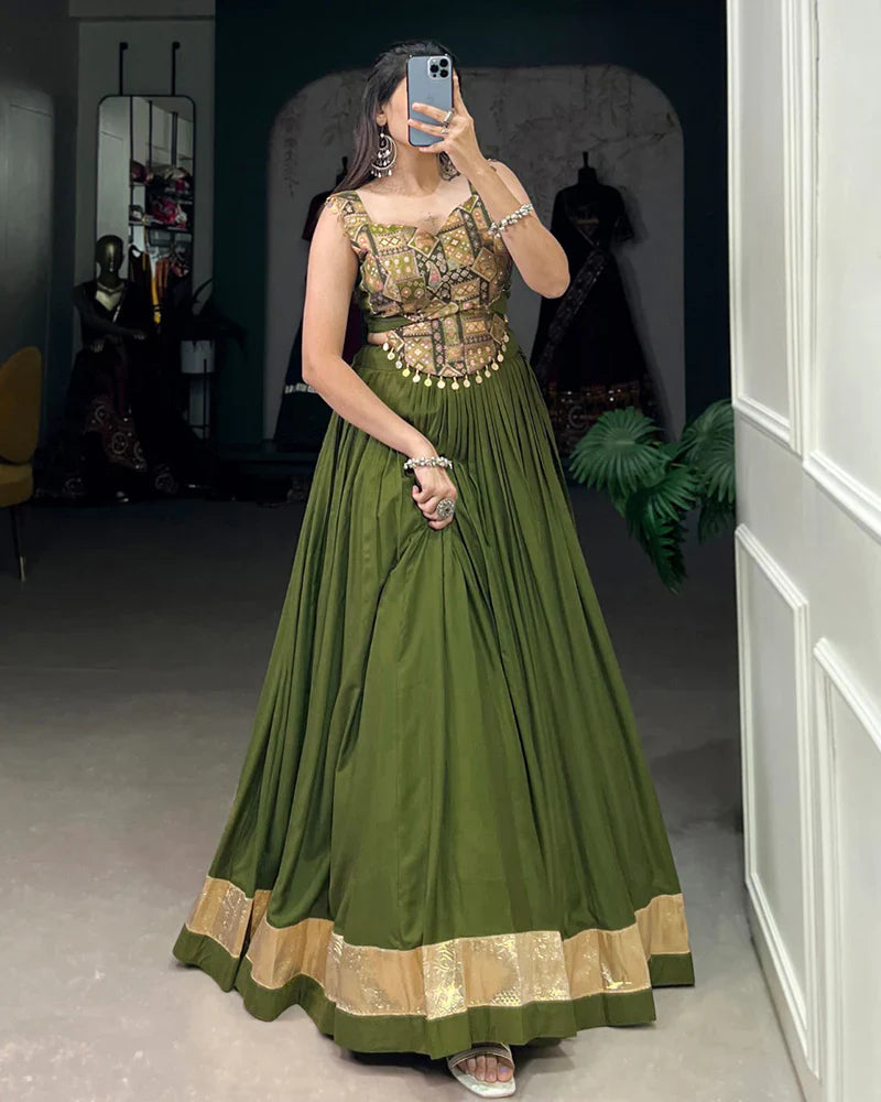 OLIVE GREEN COLOR PURE RAYON NAVRATRI LEHENGA CHOLI