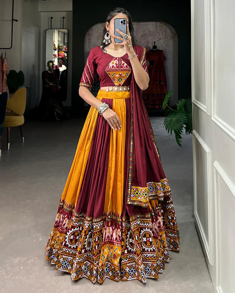 MUSTARD COLOR RAYON PRINTED NAVRATRI LEHENGA CHOLI