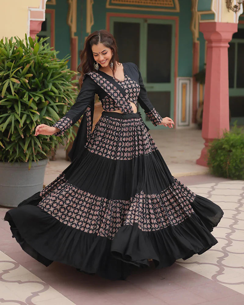 BLACK COLOR RAYON NAVRATRI LEHENGA CHOLI