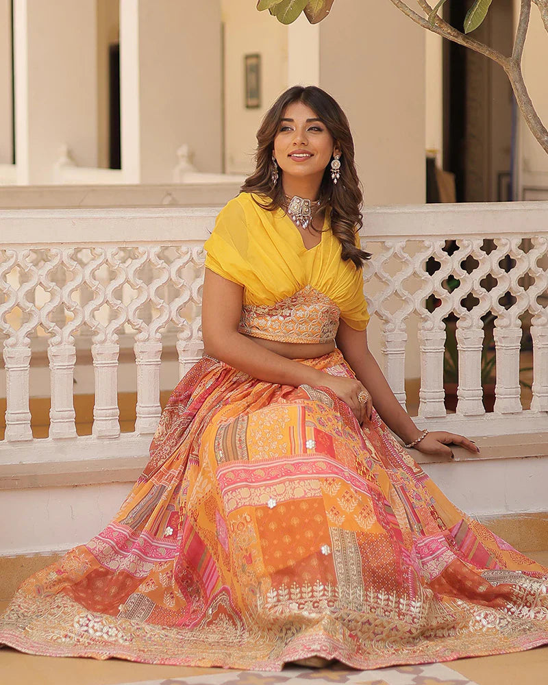 YELLOW COLOR DESIGNER RUSSIAN SILK EMBROIDERY CROP TOP LEHENGA CHOLI