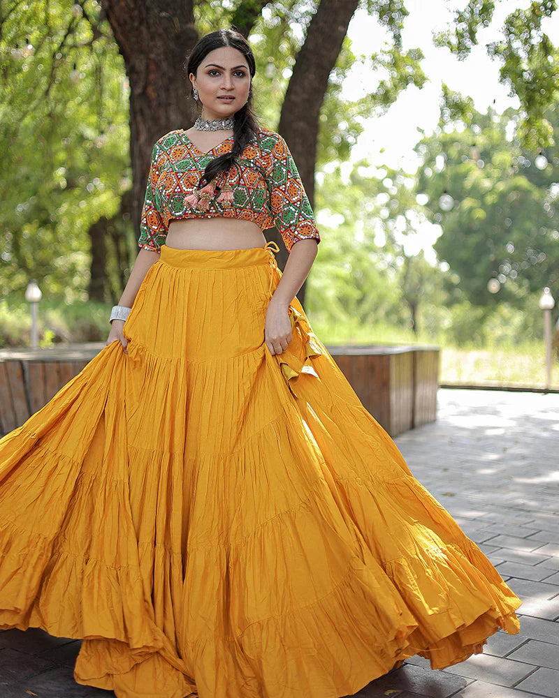 YELLOW COLOR RAYON FULL FLAIR NAVRATRI LEHENGA CHOLI
