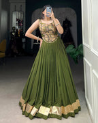 OLIVE GREEN COLOR PURE RAYON NAVRATRI LEHENGA CHOLI