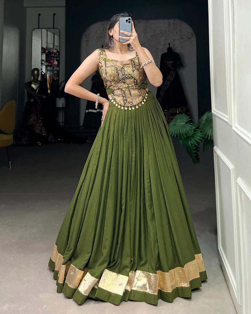 OLIVE GREEN COLOR PURE RAYON NAVRATRI LEHENGA CHOLI