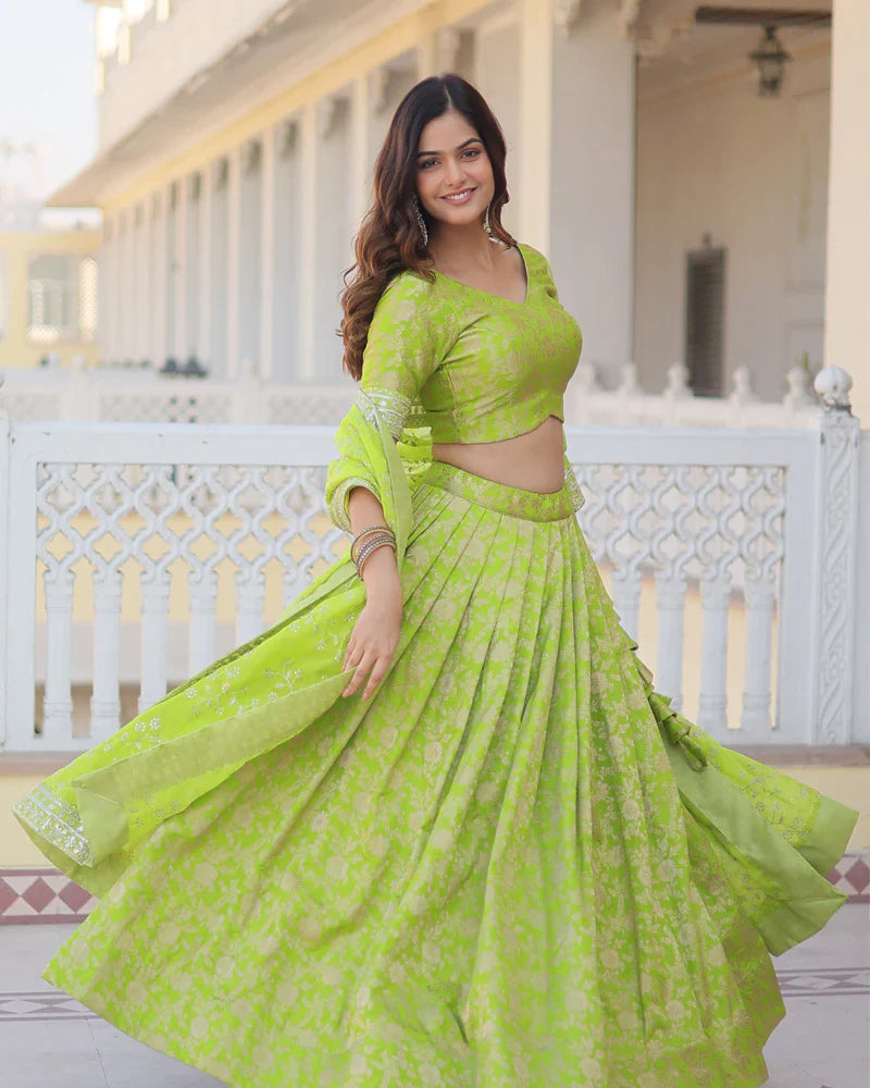 GREEN COLOR PURE VISCOSE JACQUARD LEHENGA CHOLI