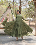 MEHNDI COLOR DESIGNER EMBROIDERED GOWN WITH DUPATTA