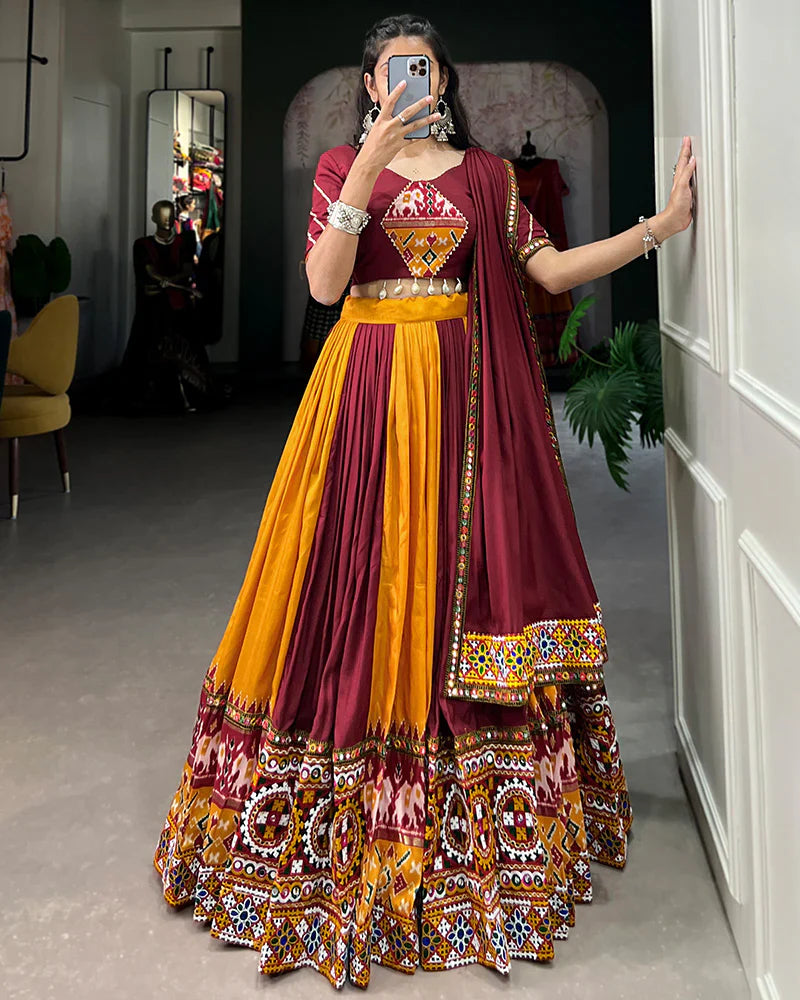 MUSTARD COLOR RAYON PRINTED NAVRATRI LEHENGA CHOLI