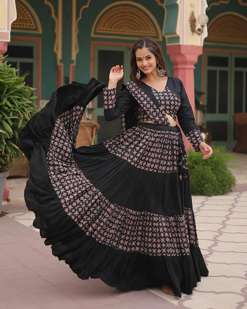 BLACK COLOR RAYON NAVRATRI LEHENGA CHOLI