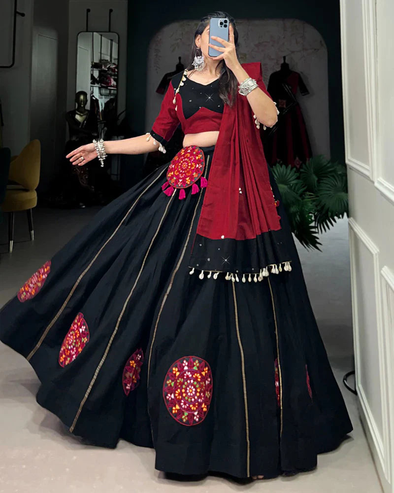 RED AND BLACK COLOR COTTON NAVRATRI LEHENGA CHOLI