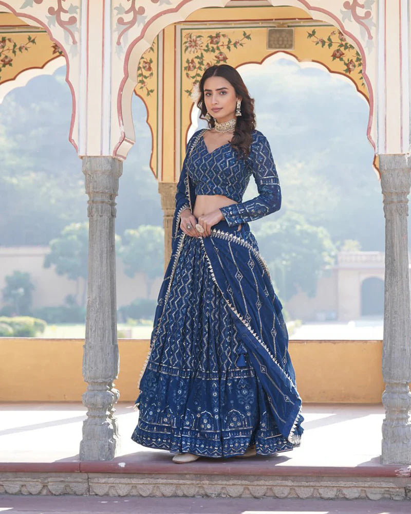 RAMA COLOR GEORGETTE HEAVY EMBROIDERY THREADED SEMI STITCHED LEHENGA CHOLI