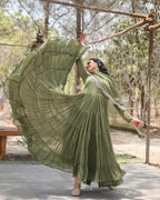 MEHNDI COLOR DESIGNER EMBROIDERED GOWN WITH DUPATTA