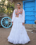 WHITE COLOR RAYON EMBROIDERED NAVRATRI LEHENGA CHOLI