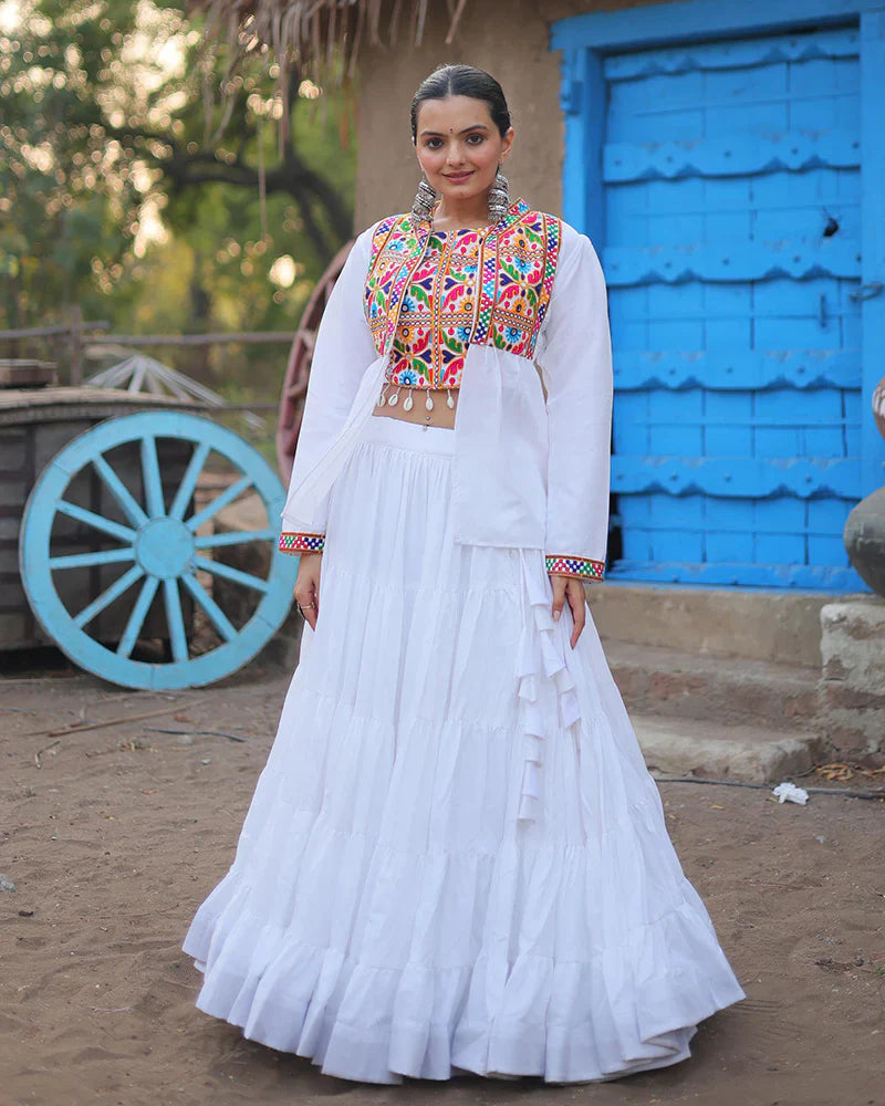WHITE COLOR RAYON EMBROIDERED NAVRATRI LEHENGA CHOLI