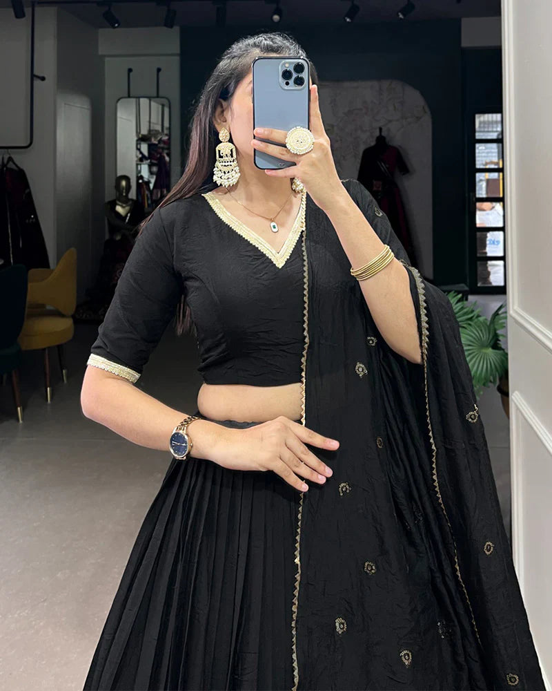 BLACK COLOR PURE CHANDERI PLAIN NAVRATRI LEHENGA CHOLI