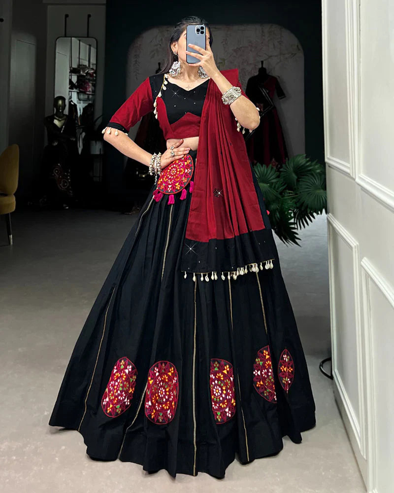 RED AND BLACK COLOR COTTON NAVRATRI LEHENGA CHOLI