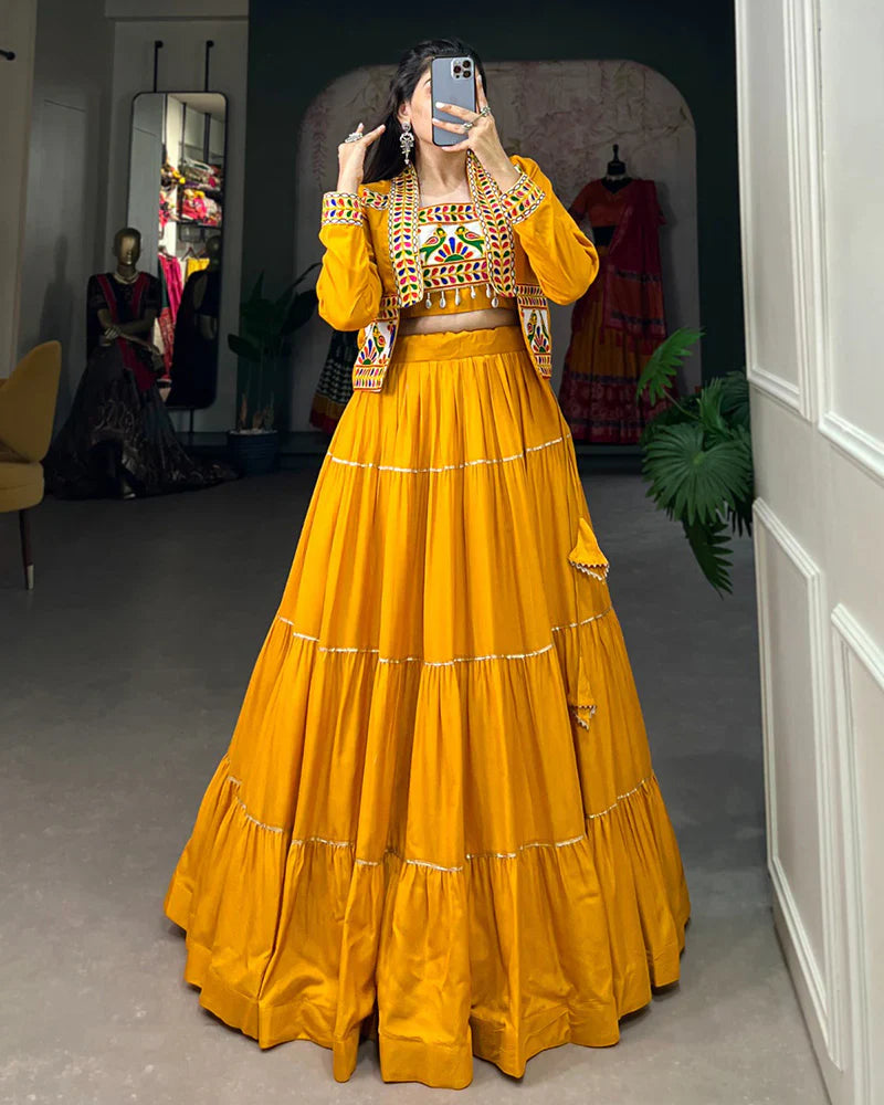 MUSTARD COLOR PURE RAYON GAMTHI NAVRATRI LEHENGA CHOLI