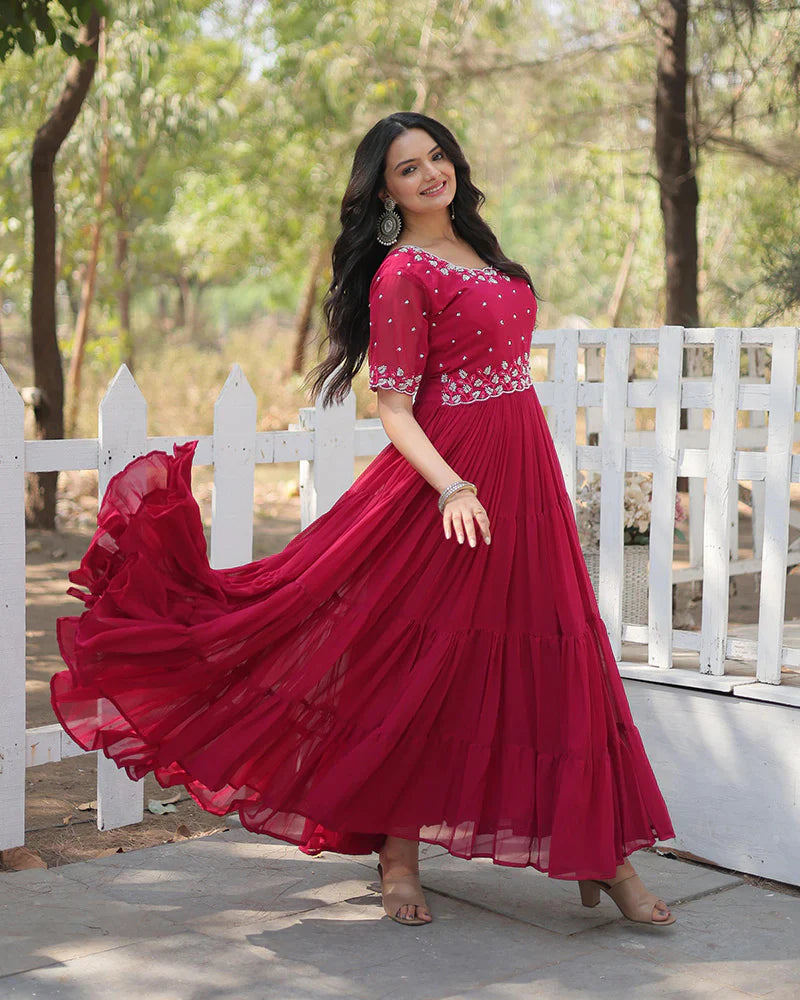 RANI PINK COLOR FAUX BLOOMING EMBROIDERED ANARKALI GOWN