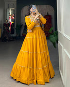 MUSTARD COLOR PURE RAYON GAMTHI NAVRATRI LEHENGA CHOLI