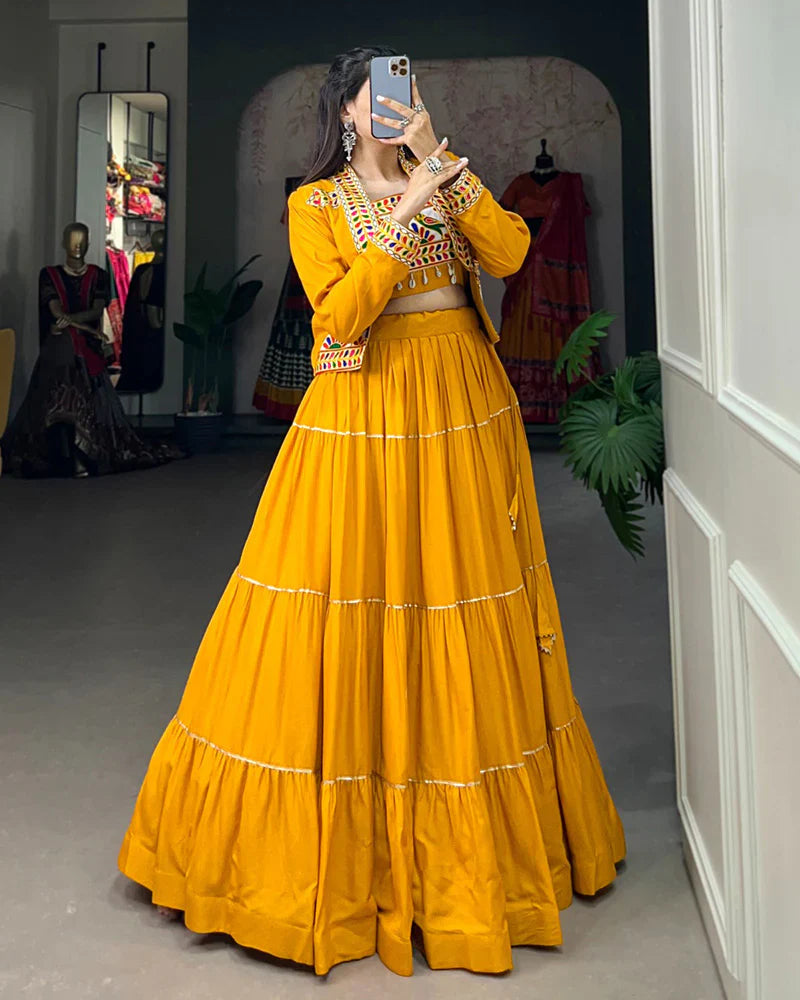 MUSTARD COLOR PURE RAYON GAMTHI NAVRATRI LEHENGA CHOLI
