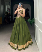 OLIVE GREEN COLOR PURE RAYON NAVRATRI LEHENGA CHOLI