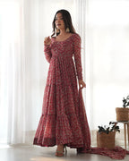 MAROON COLOR GEORGETTE THREE LAYER RUFFLE STYLE ANARKALI SUIT