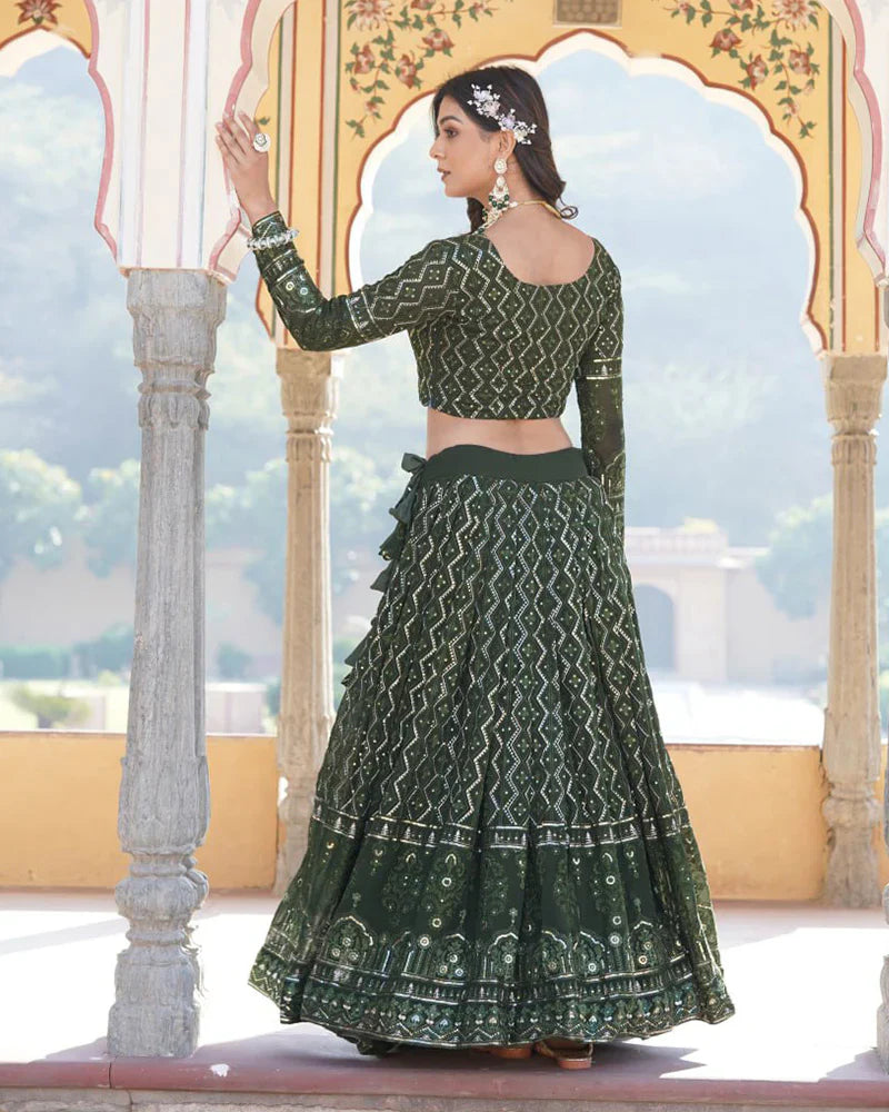 DARK GREEN COLOR GEORGETTE HEAVY EMBROIDERY THREADED SEMI STITCHED LEHENGA CHOLI