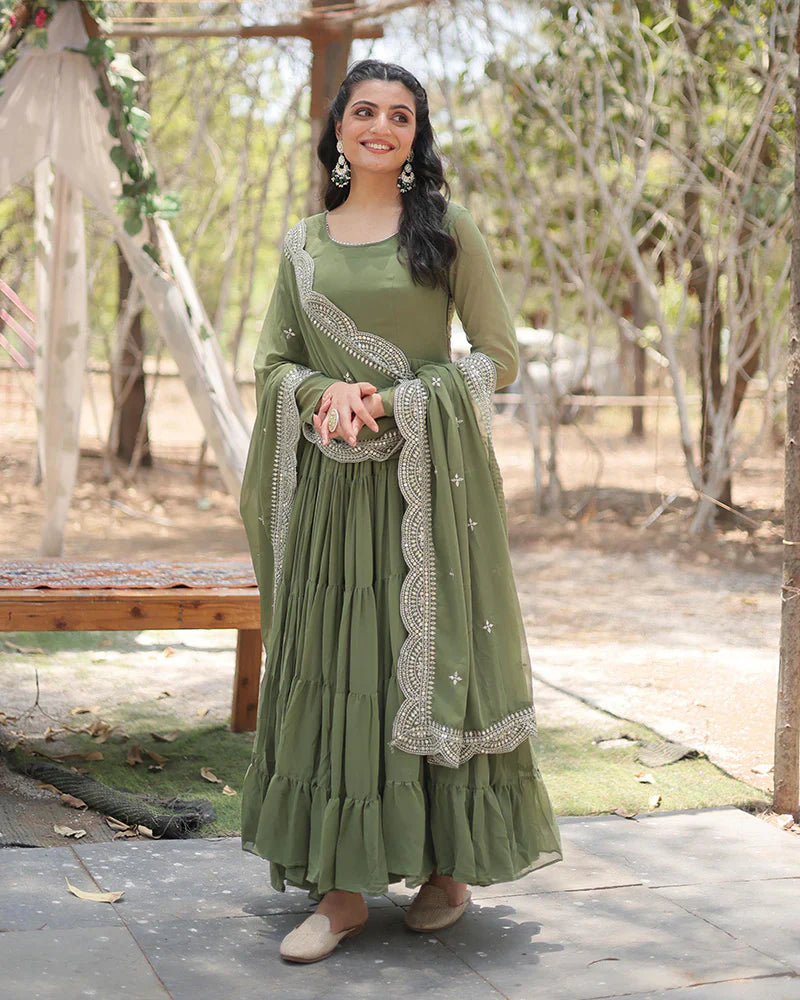 MEHNDI COLOR DESIGNER EMBROIDERED GOWN WITH DUPATTA