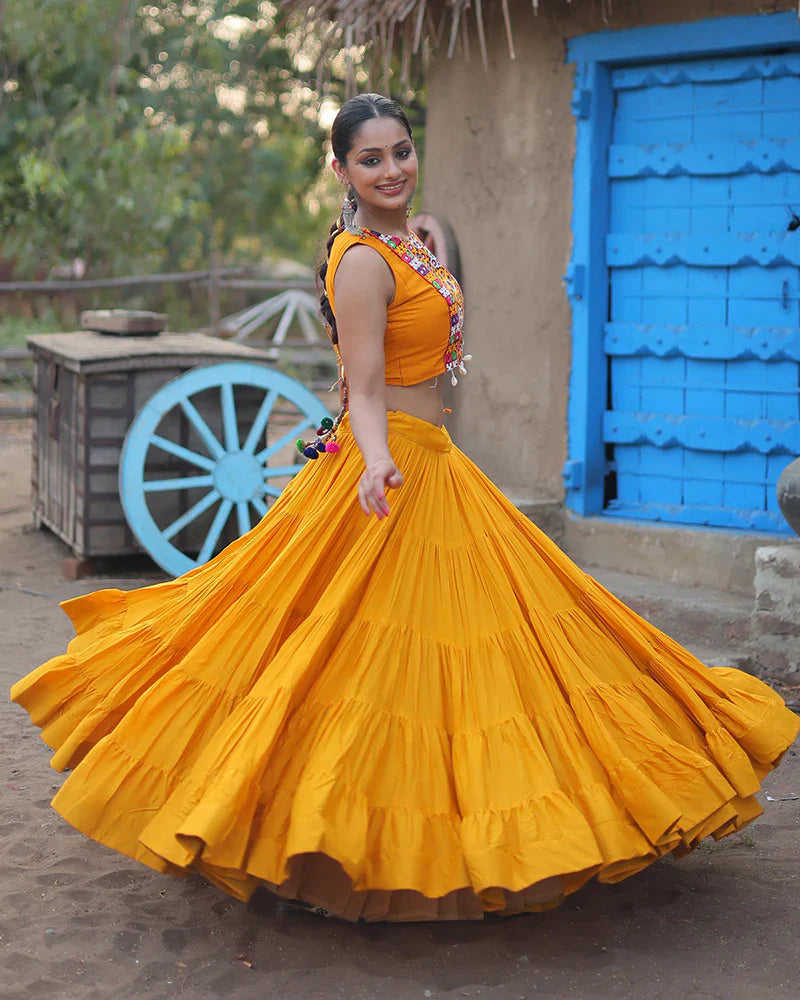 MUSTARD COLOR RAYON EMBROIDERED NAVRATRI LEHENGA CHOLI