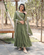 MEHNDI COLOR DESIGNER EMBROIDERED GOWN WITH DUPATTA