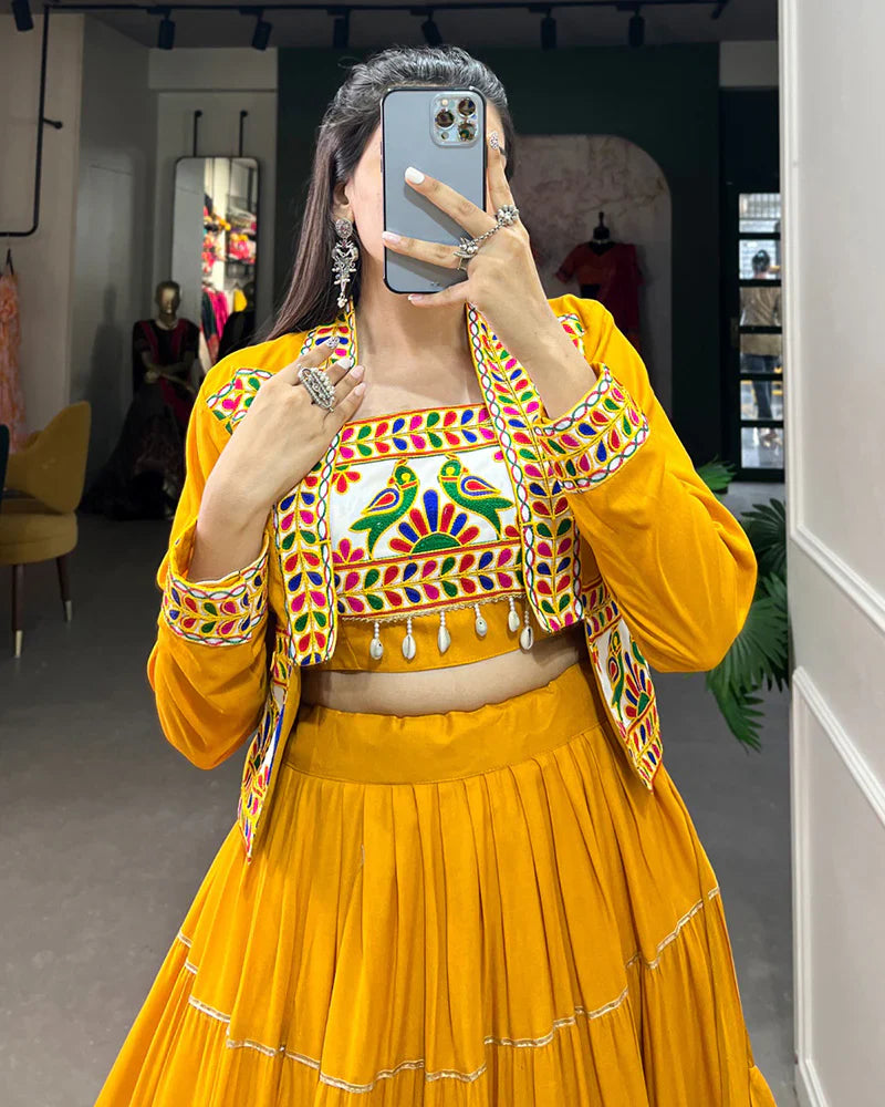 MUSTARD COLOR PURE RAYON GAMTHI NAVRATRI LEHENGA CHOLI