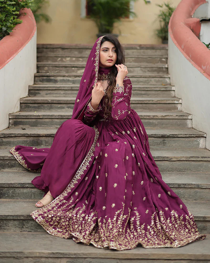 WINE COLOR DESIGNER THREE PIECE SHARARA SUIT