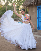 WHITE COLOR RAYON EMBROIDERED NAVRATRI LEHENGA CHOLI