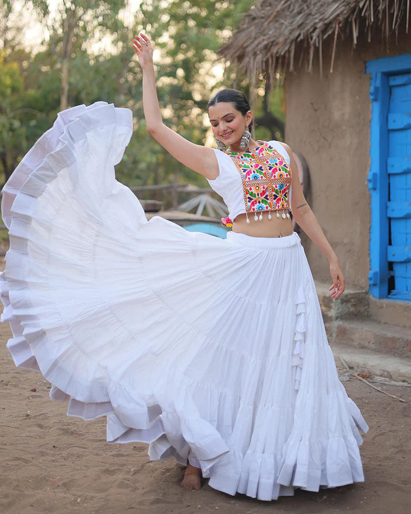 WHITE COLOR RAYON EMBROIDERED NAVRATRI LEHENGA CHOLI