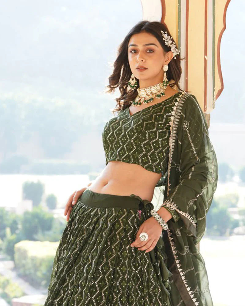 DARK GREEN COLOR GEORGETTE HEAVY EMBROIDERY THREADED SEMI STITCHED LEHENGA CHOLI
