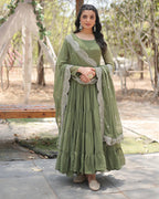 MEHNDI COLOR DESIGNER EMBROIDERED GOWN WITH DUPATTA