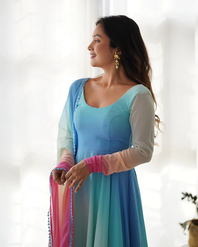BEAUTIFUL MULTI COLOR FULLY FLAIR GEORGETTE THREE PIECE ANARKALI SUIT