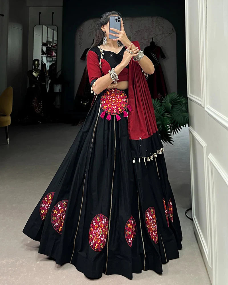 RED AND BLACK COLOR COTTON NAVRATRI LEHENGA CHOLI
