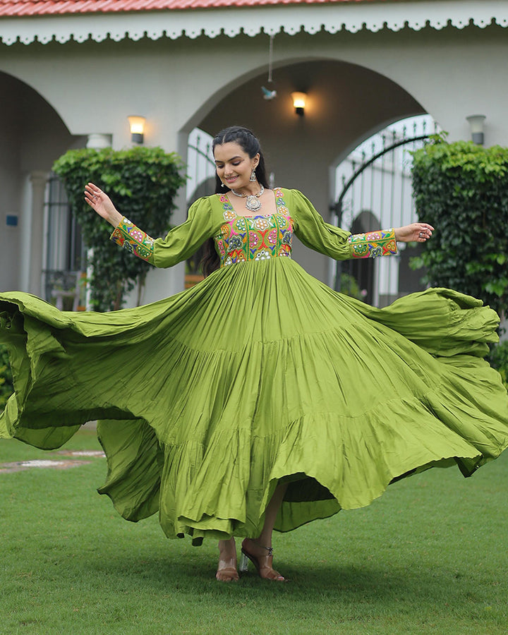 PARROT GREEN COLOR RAYON NAVRATRI GOWN
