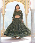 DARK GREEN COLOR GEORGETTE HEAVY EMBROIDERY THREADED SEMI STITCHED LEHENGA CHOLI