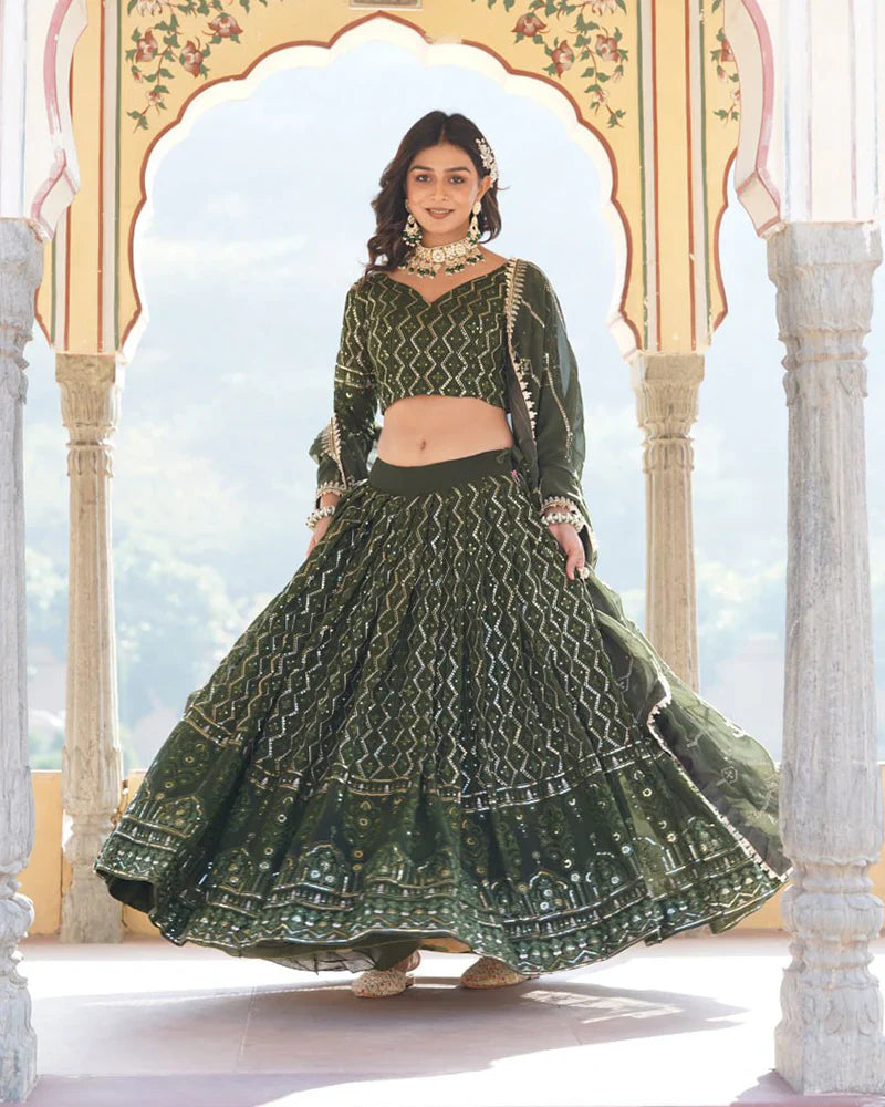 DARK GREEN COLOR GEORGETTE HEAVY EMBROIDERY THREADED SEMI STITCHED LEHENGA CHOLI