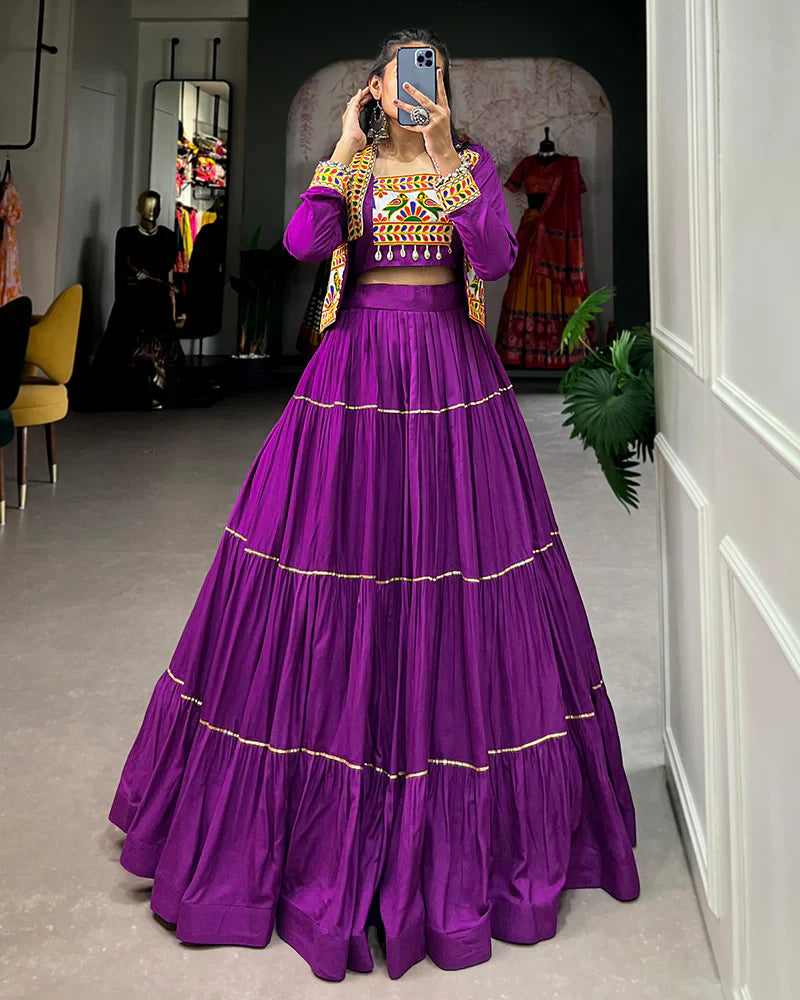 PURPLE COLOR PURE RAYON GAMTHI NAVRATRI LEHENGA CHOLI