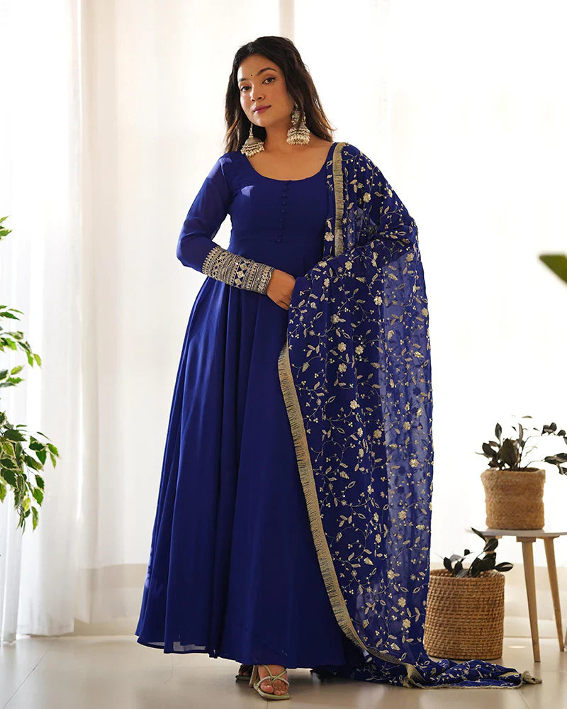 BLUE COLOR SOFT GEORGETTE WITH HEAVY EMBROIDERY WORK DUPATTA ANARKALI SUIT