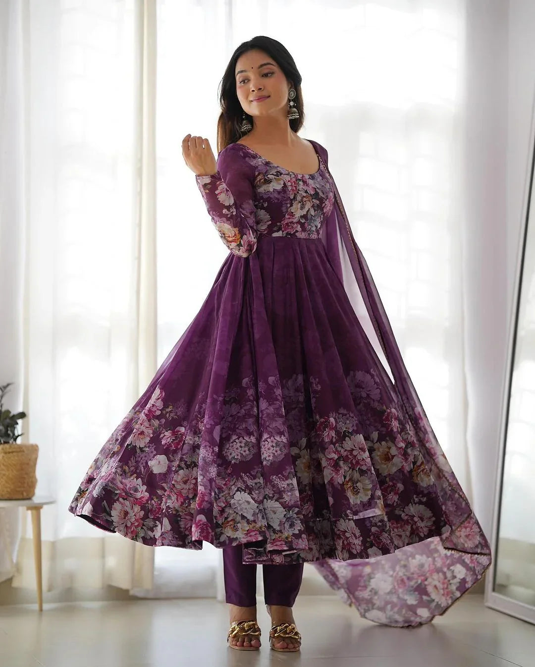 WINE COLOR FLORAL PRINT ORGANZA THREE PIECE ANARKALI SUIT