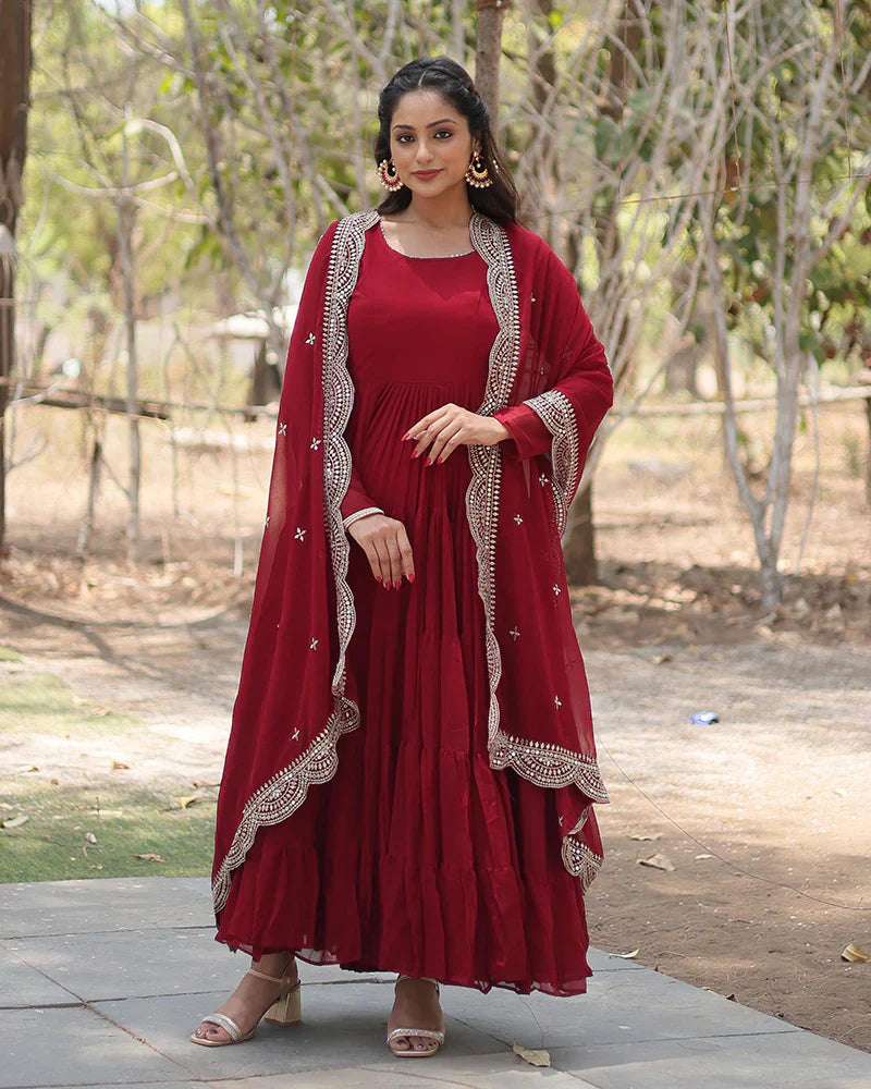 MAROON COLOR DESIGNER EMBROIDERED GOWN WITH DUPATTA