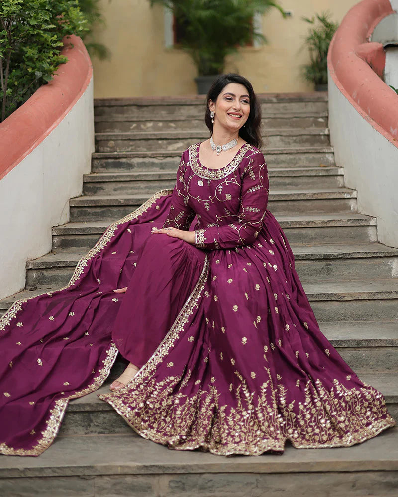 WINE COLOR DESIGNER THREE PIECE SHARARA SUIT